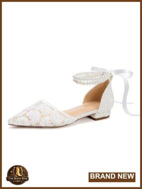 Lace Bridal Flats Pointed Toe Pearl Ankle Strap Wedding Shoes for Bride